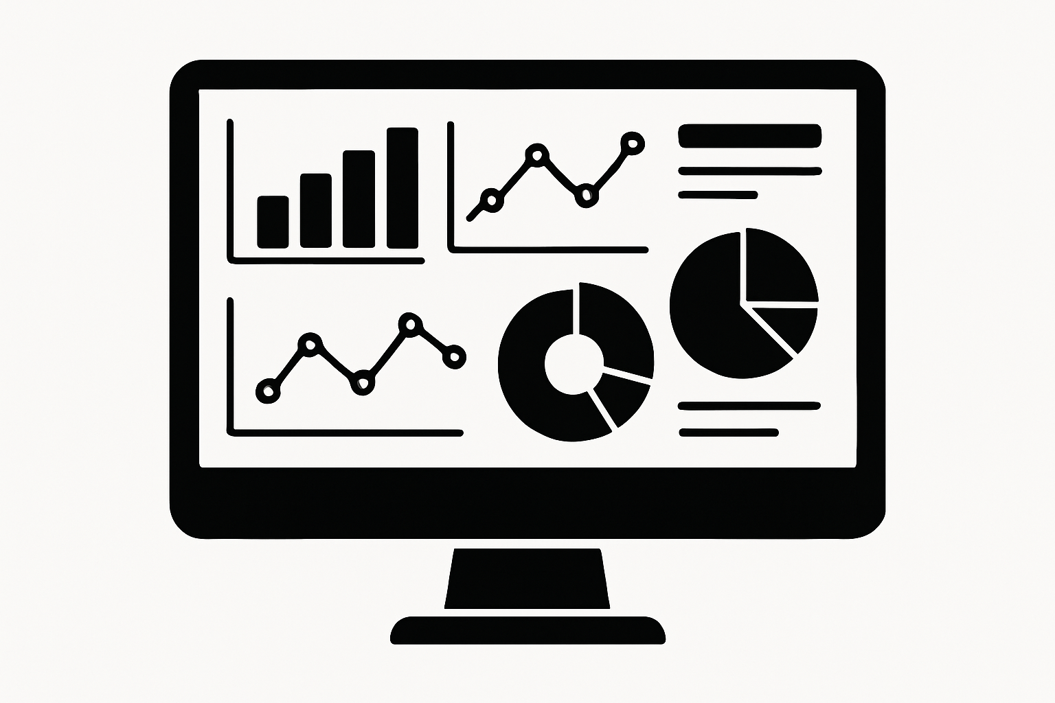 black and white computer screen with graphs and analytics clip art
